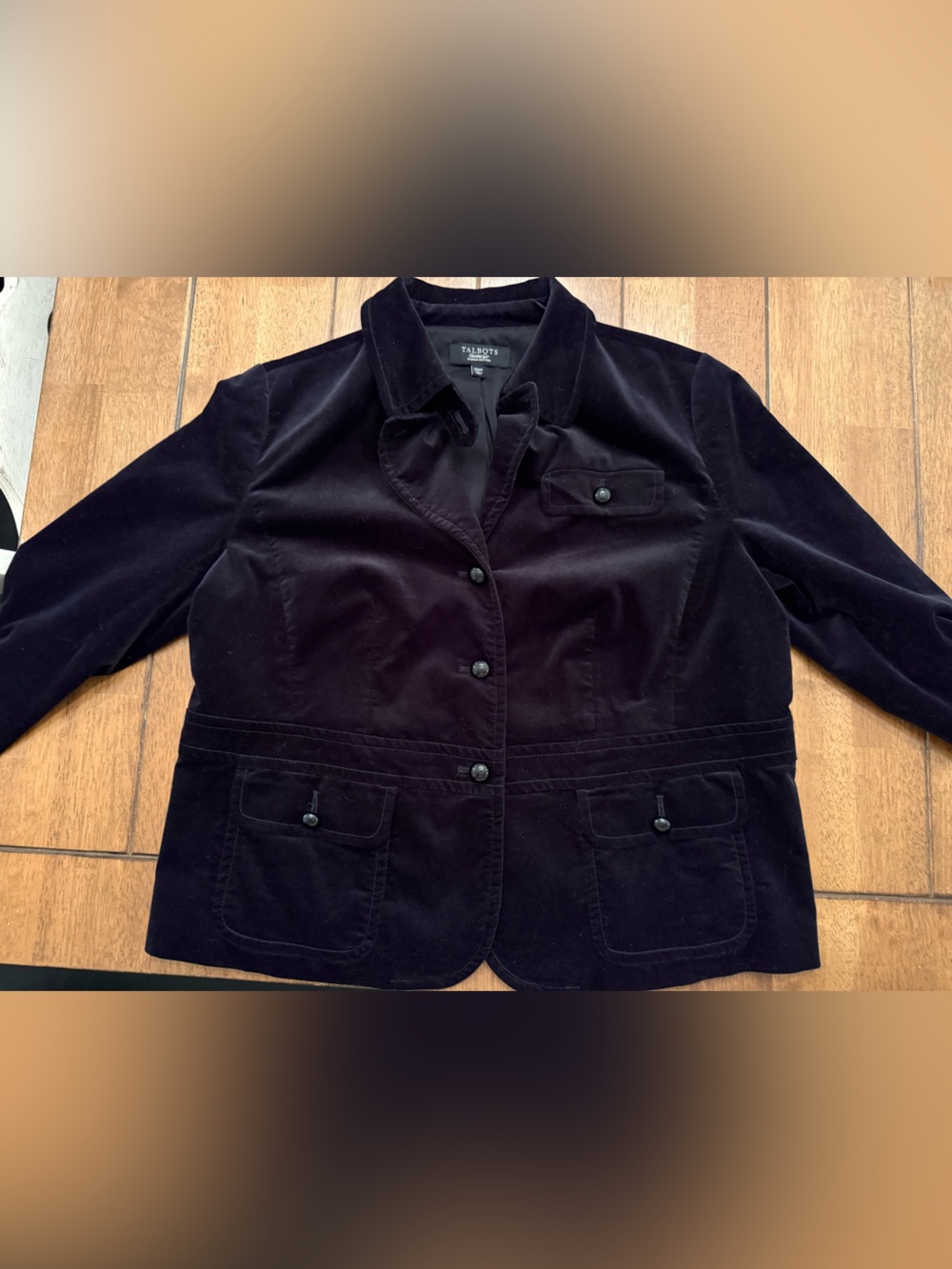Talbots Women Petites 14 Black Velvet Button Front Blazer Jacket Utility Pocket